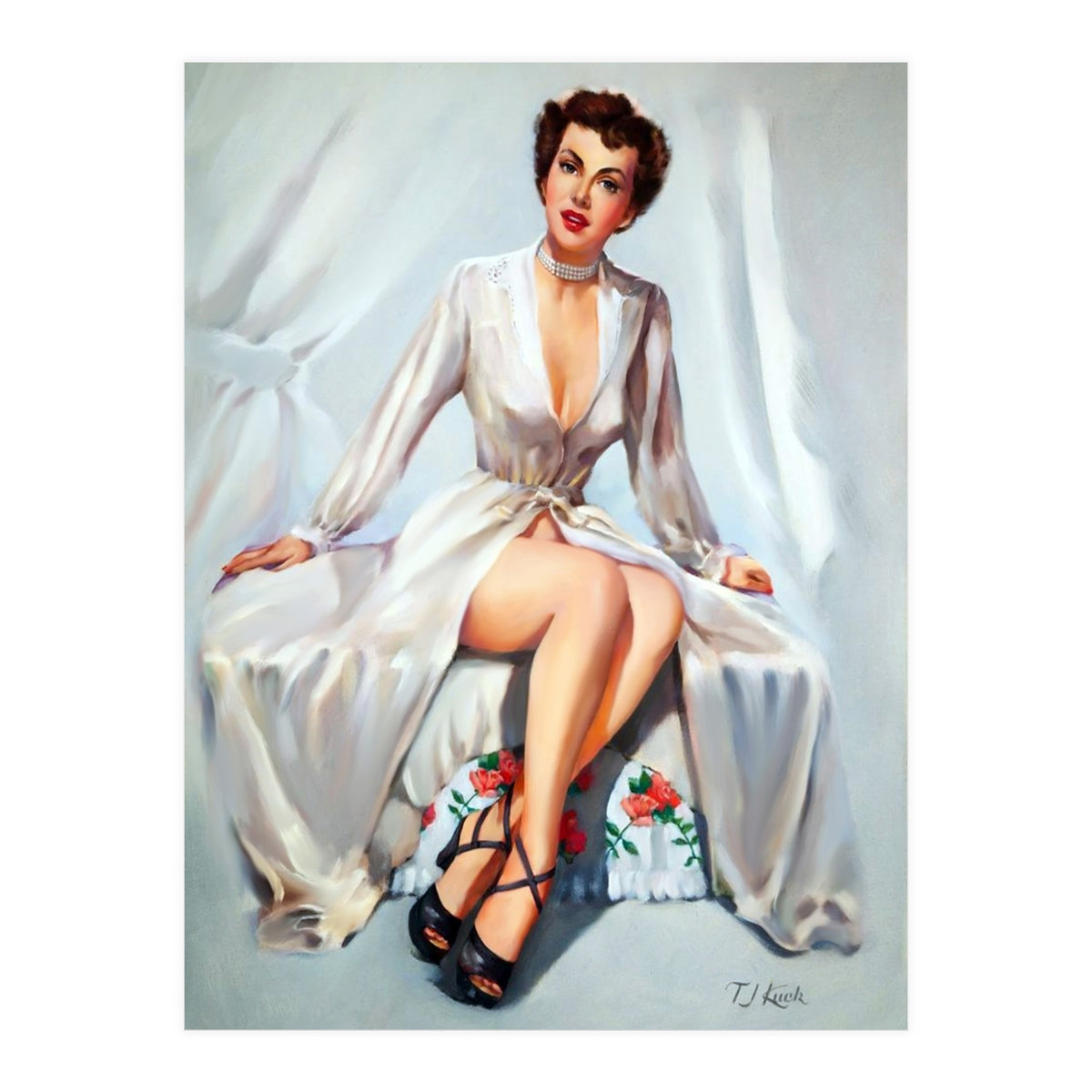 Beautiful Sexy Pinup In Posing Long White Dress (Print Only)