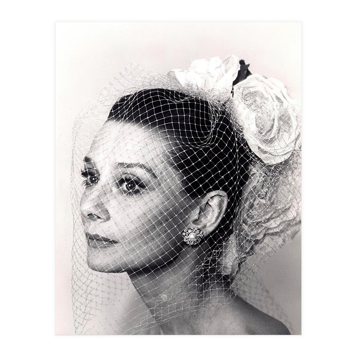 Audrey Hepburn with Veil, Classic Hollywood Glamour Photography, Black and White Icon Portrait (Print Only)