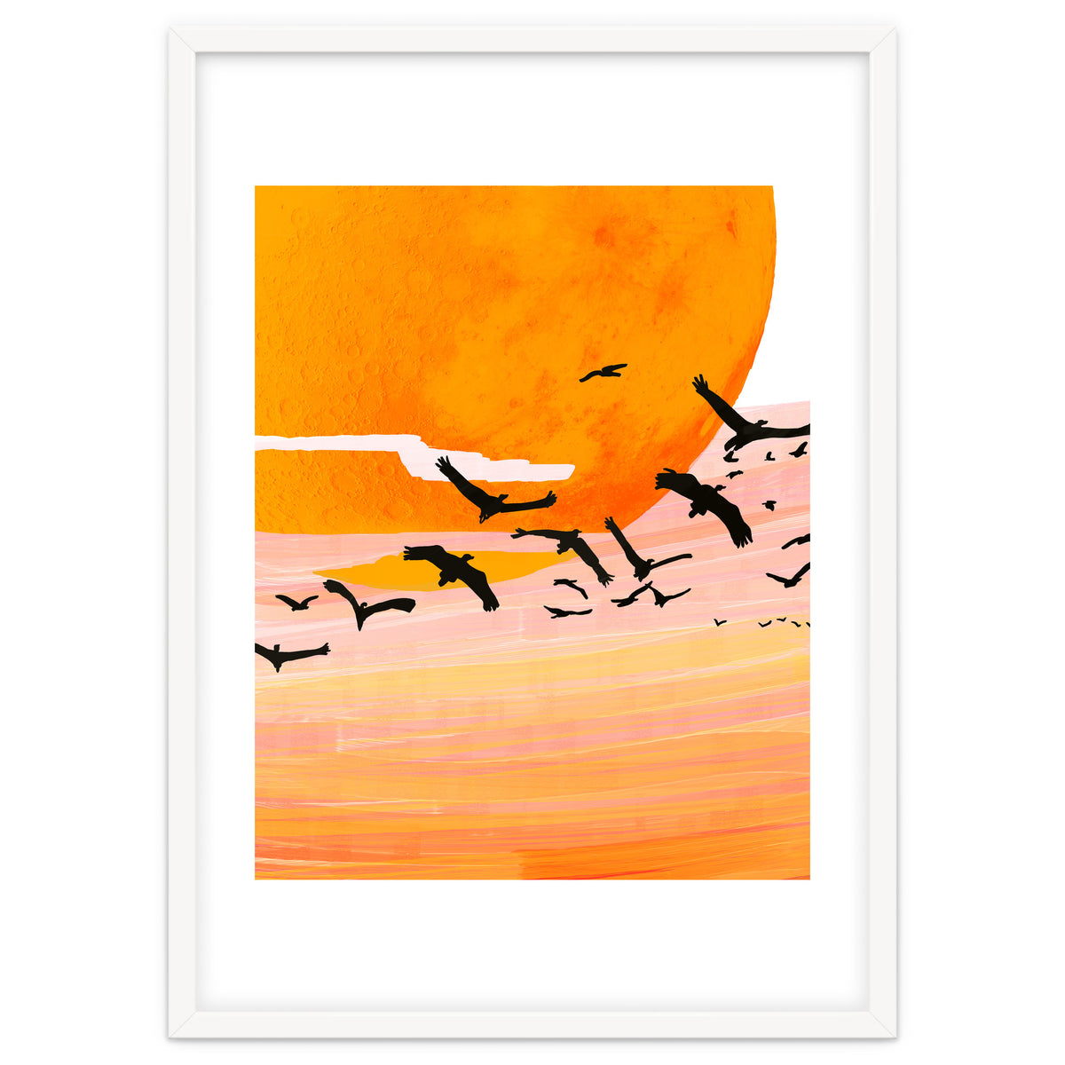 Time Flies, Birds Wildlife Fly Freedom Nature, Sun Sunset Sunrise Positivity Hope Painting, Growth Migrate Gift Animals Blush Sky Bohemian