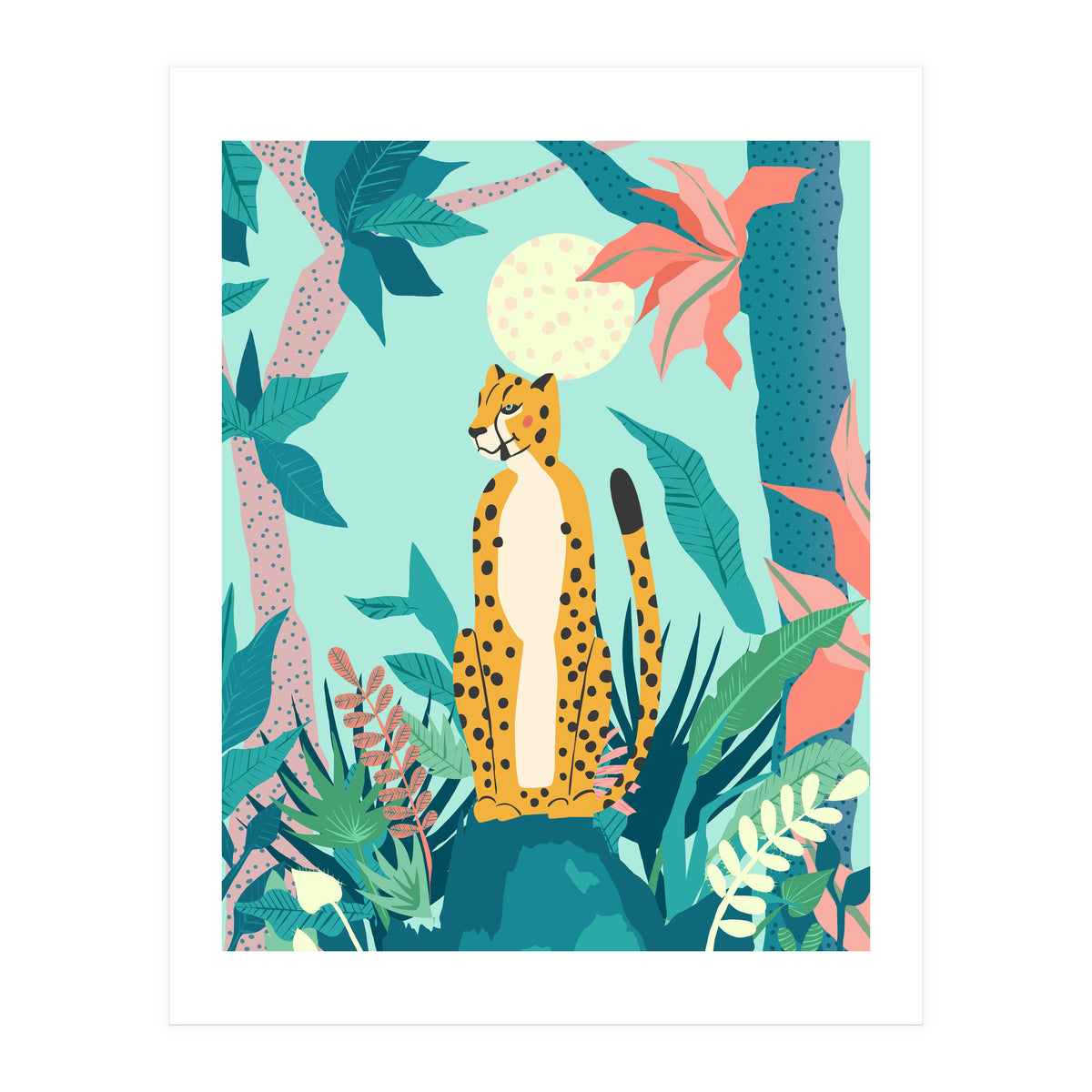 Leopard Forest, Pastel Tropical Jungle Nature Botanical, Moon Eclectic Colorful Wild Animals Boho (Print Only)