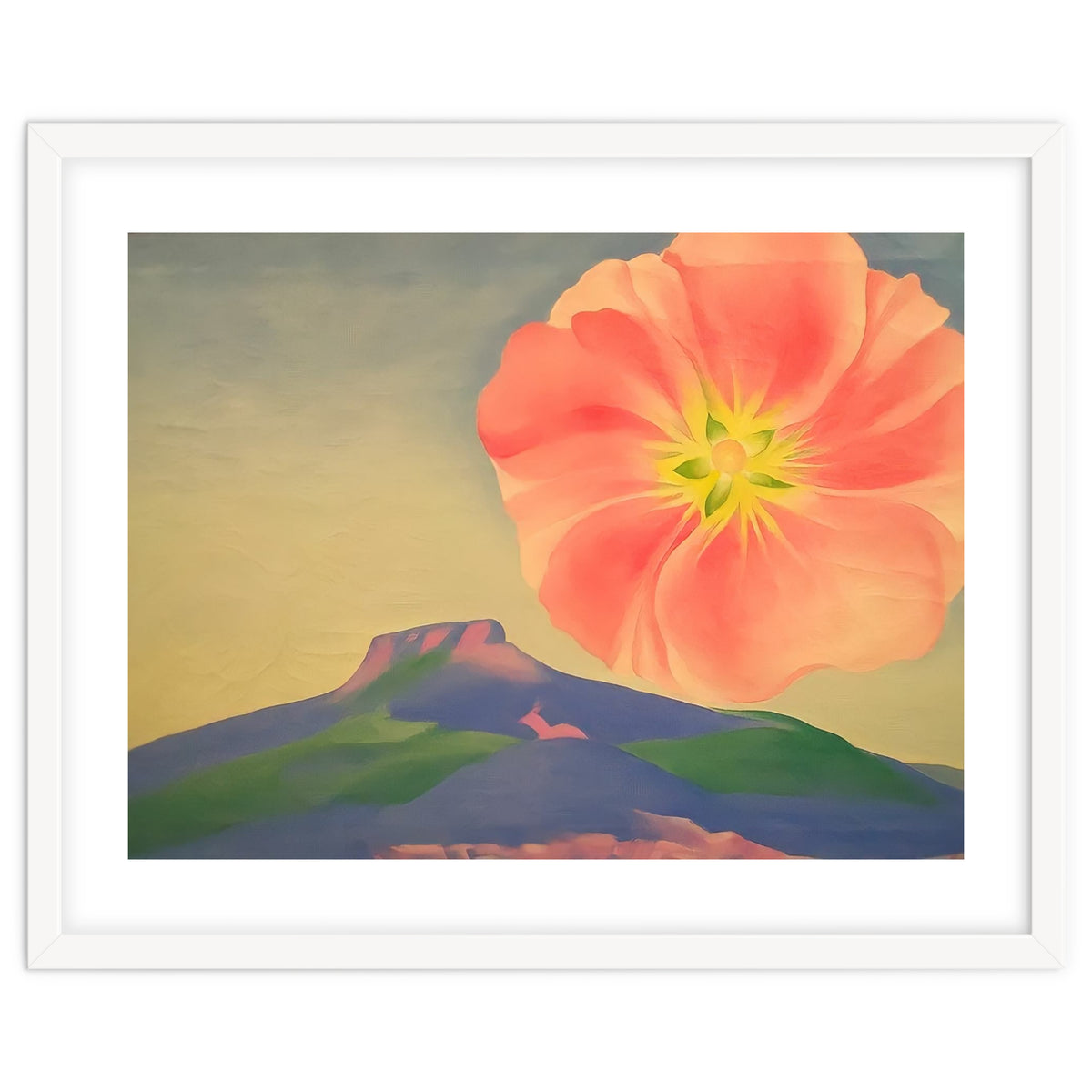Georgia O’Keeffe – Hollyhock Pink with Pedernal (1937) | Vibrant Modernist Floral Landscape of New Mexico