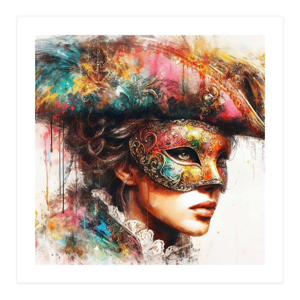 Watercolor Carnival Venetian Mask Woman (Print Only)