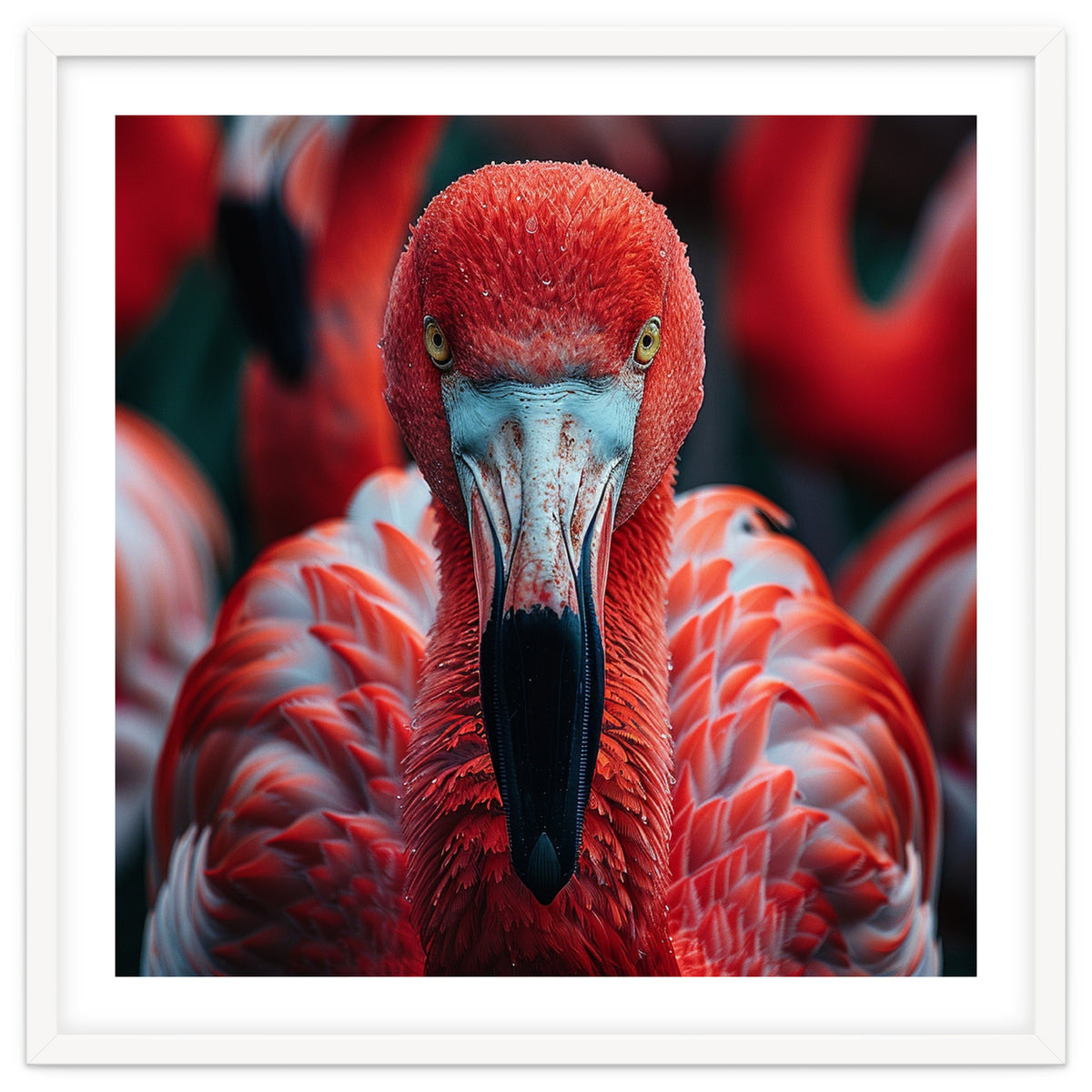 Close Up Flamingo Head With Bright Red Feathers