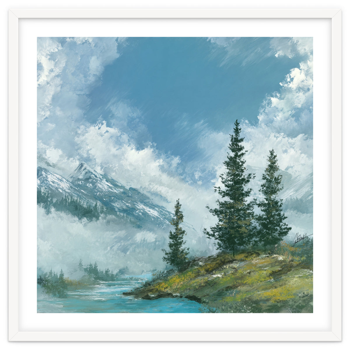 Ethereal Alpine River Valley with Snow-Capped Mountains