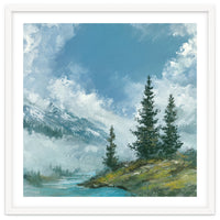 Ethereal Alpine River Valley with Snow-Capped Mountains