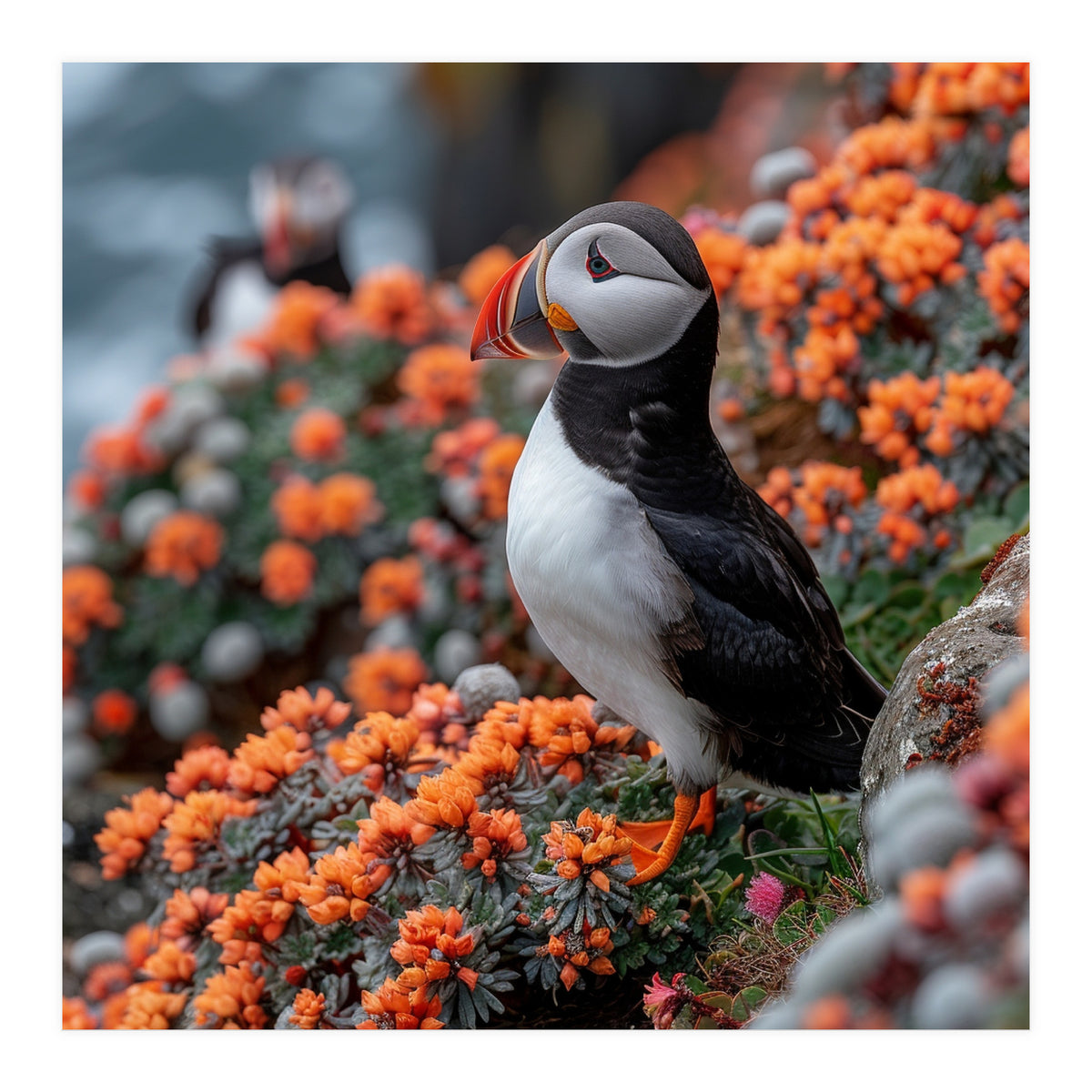 Atlantic Puffin Bird Perched On Orange Flowers (Print Only)
