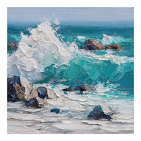 Dynamic Crashing Turquoise Ocean Wave Against Rugged Coastal Rocks (Print Only)