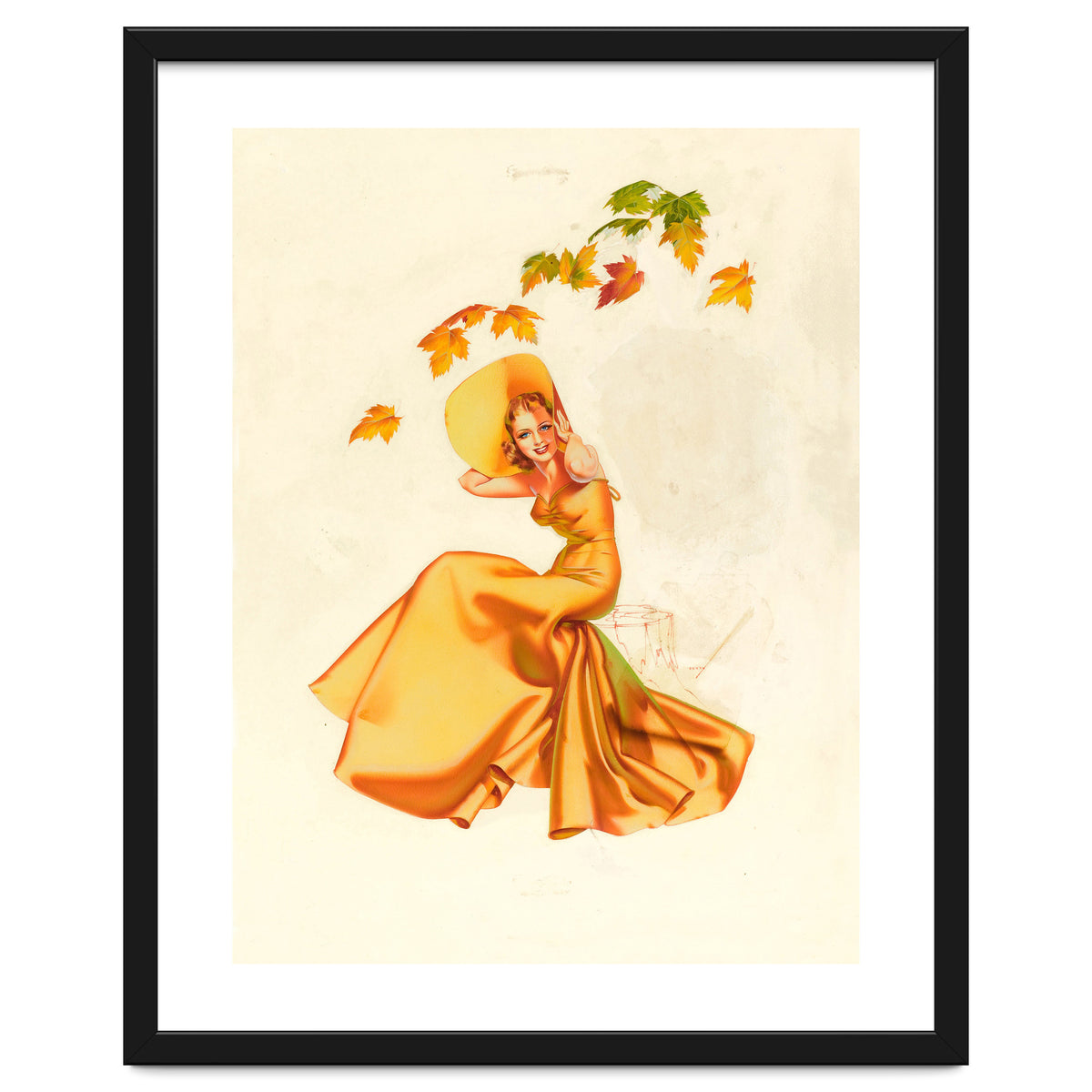Woman Posing In Yellow Dress And Autumn Leafs
