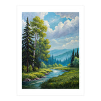Serene Mountain River Landscape Oil Painting (Print Only)