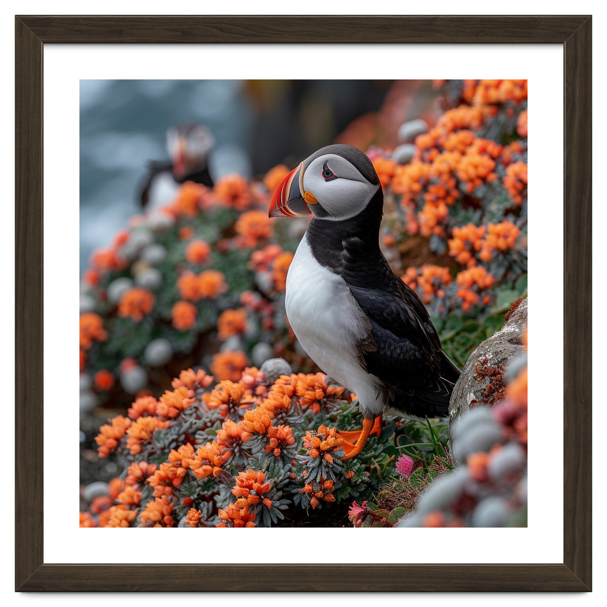 Atlantic Puffin Bird Perched On Orange Flowers