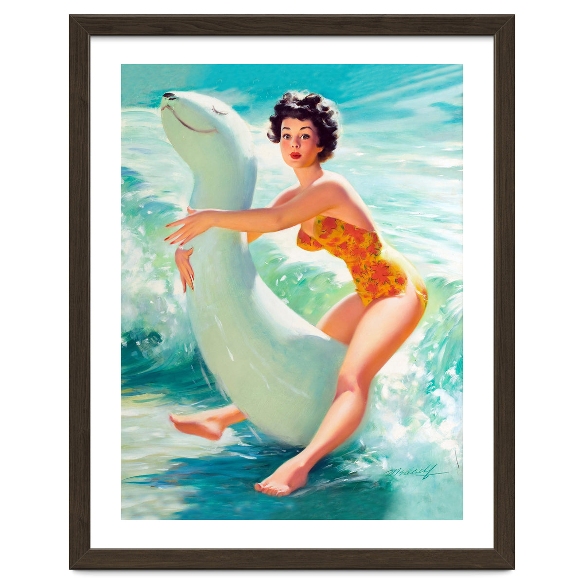 Happy Pinup Girl On The Beach Hugging Her Rubber Toy