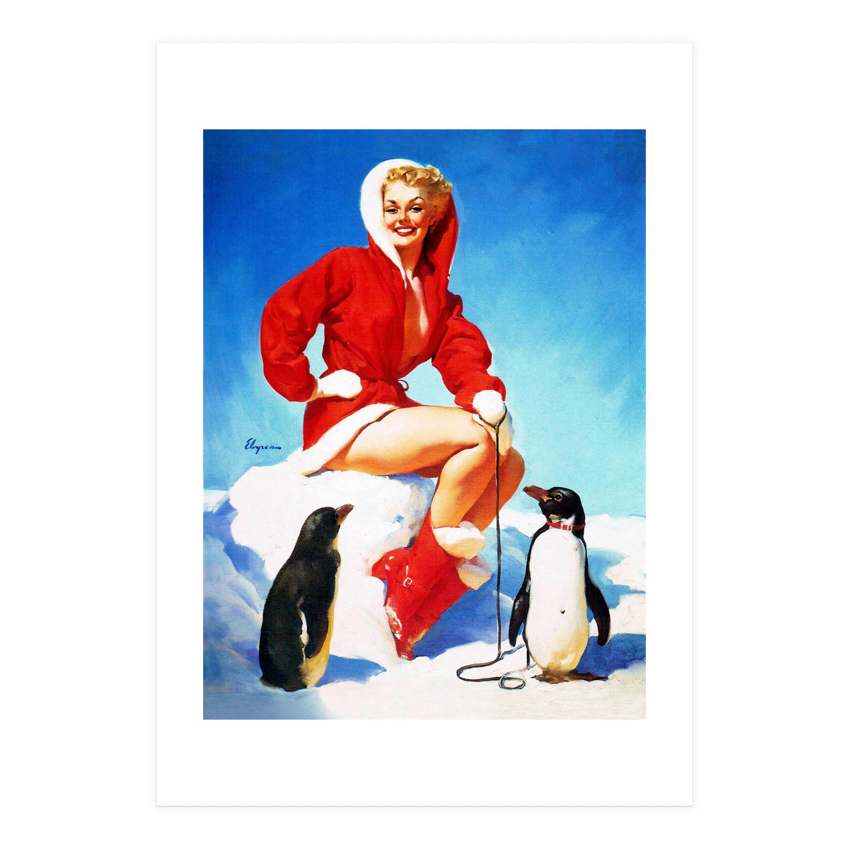 Pinup Sexy Woman Posing With Two Penguins (Print Only)