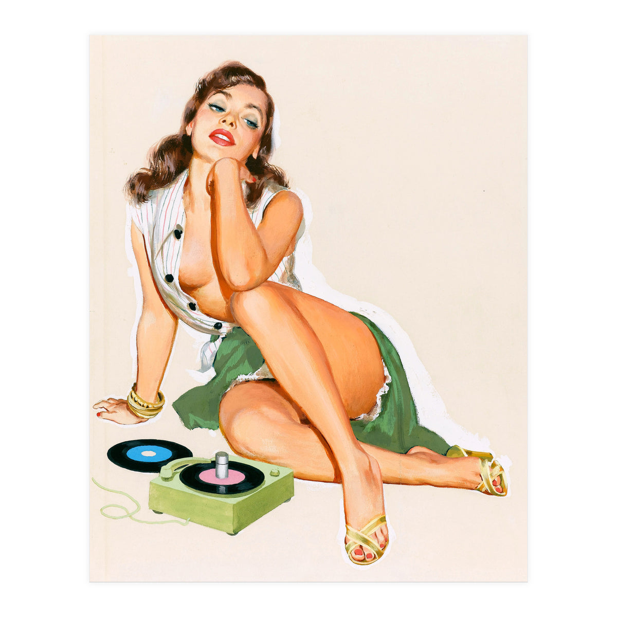 Sexy Pinup Woman Posing With Record Player (Print Only)