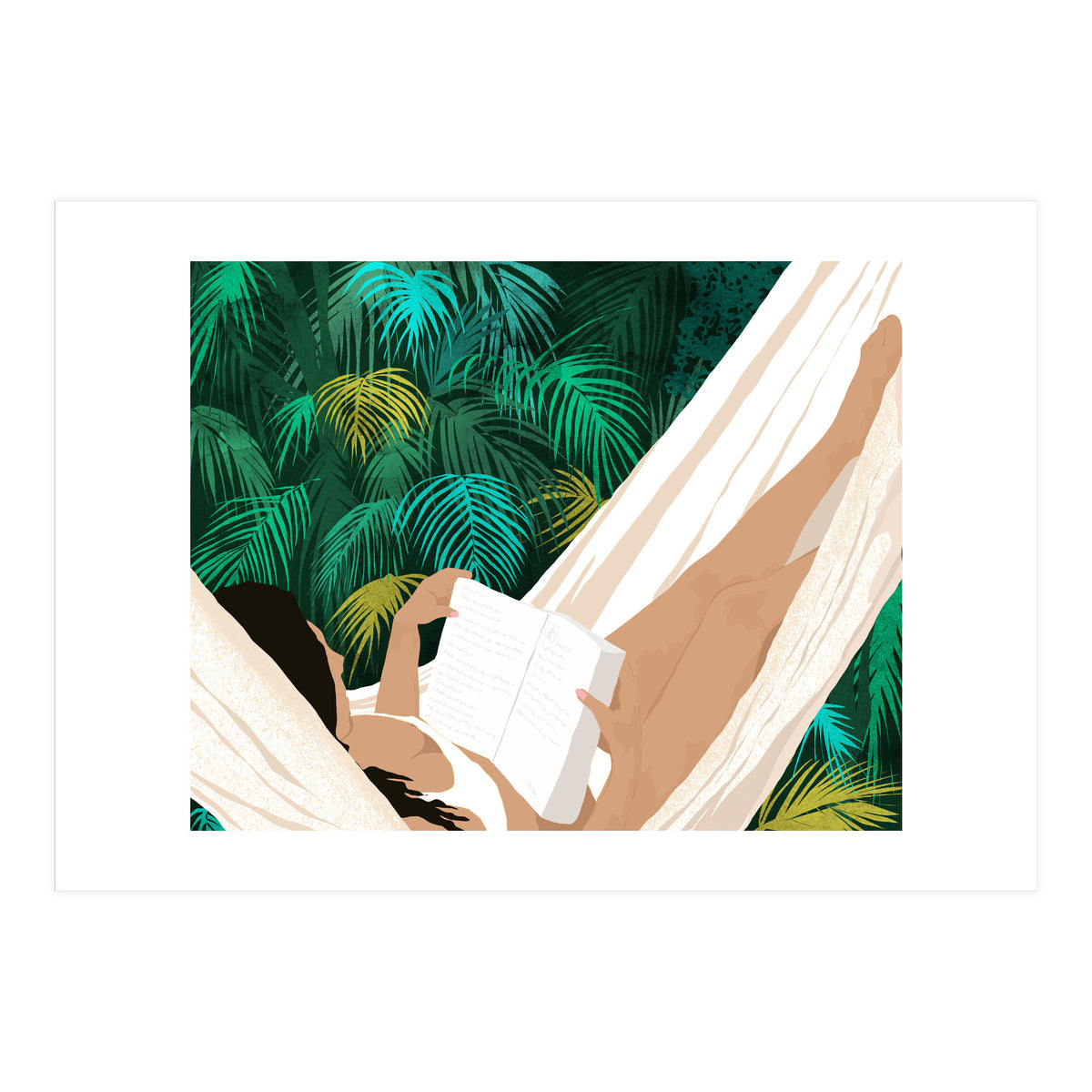 Summer Hammock Reading, Tropical Jungle Travel, Watercolor Nature Bohemian Forest Plants, Palm Beach (Print Only)