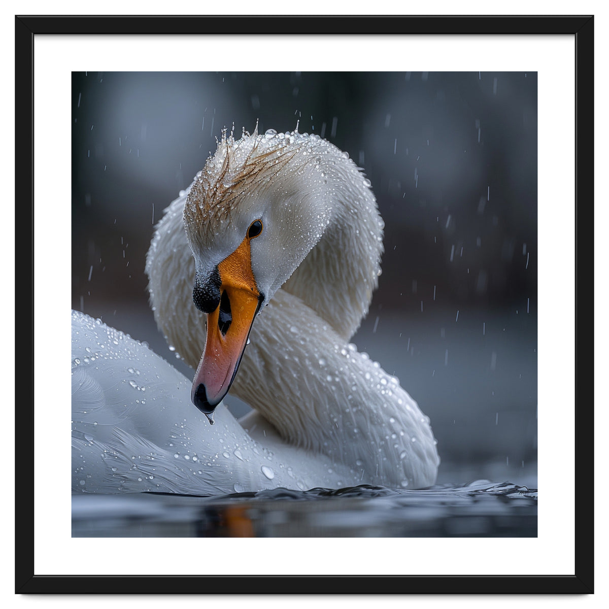 White Swan Bird With Water Droplets In Rain