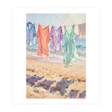 Laundry Drying by the Sea, Colorful Clothes on a Beach Clothesline, Coastal Summer Pastel Painting, Relaxing Ocean Shore Art Print (Print Only) thumbnail