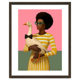Stylish Woman Holding Goose In Striped Dress thumbnail