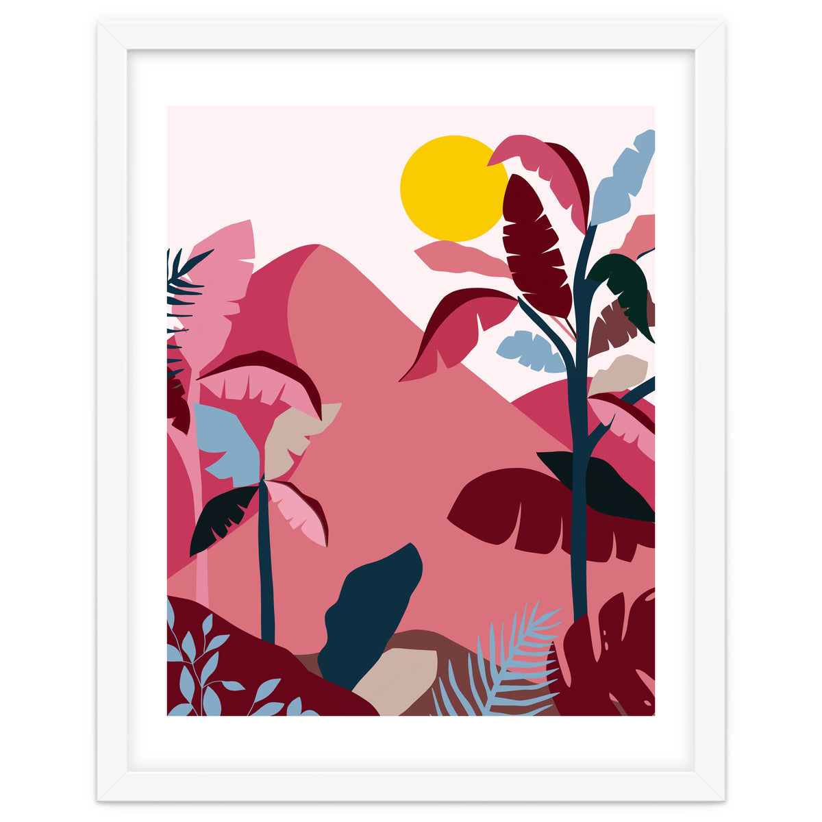 Tropical Sundowner, Pastel Jungle Botanical Nature, Summer Plants Palms Sunset, Mountain Landscape Travel Adventure