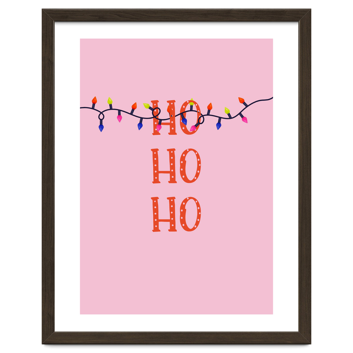 HO HO HO Christmas Lights Art, Pink Holiday Illustration, Modern Festive Quote