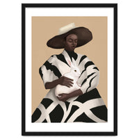 Woman In Stripes Holding A White Rabbit