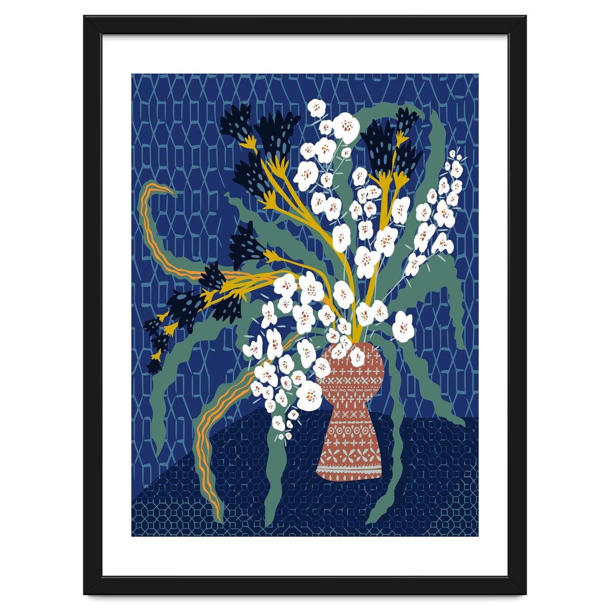 Floral contemporary still life dark blue