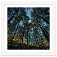 Celestial Forest Canopy with Swirling Golden Fireflies and Deep Twilight Blue Sky Digital Art