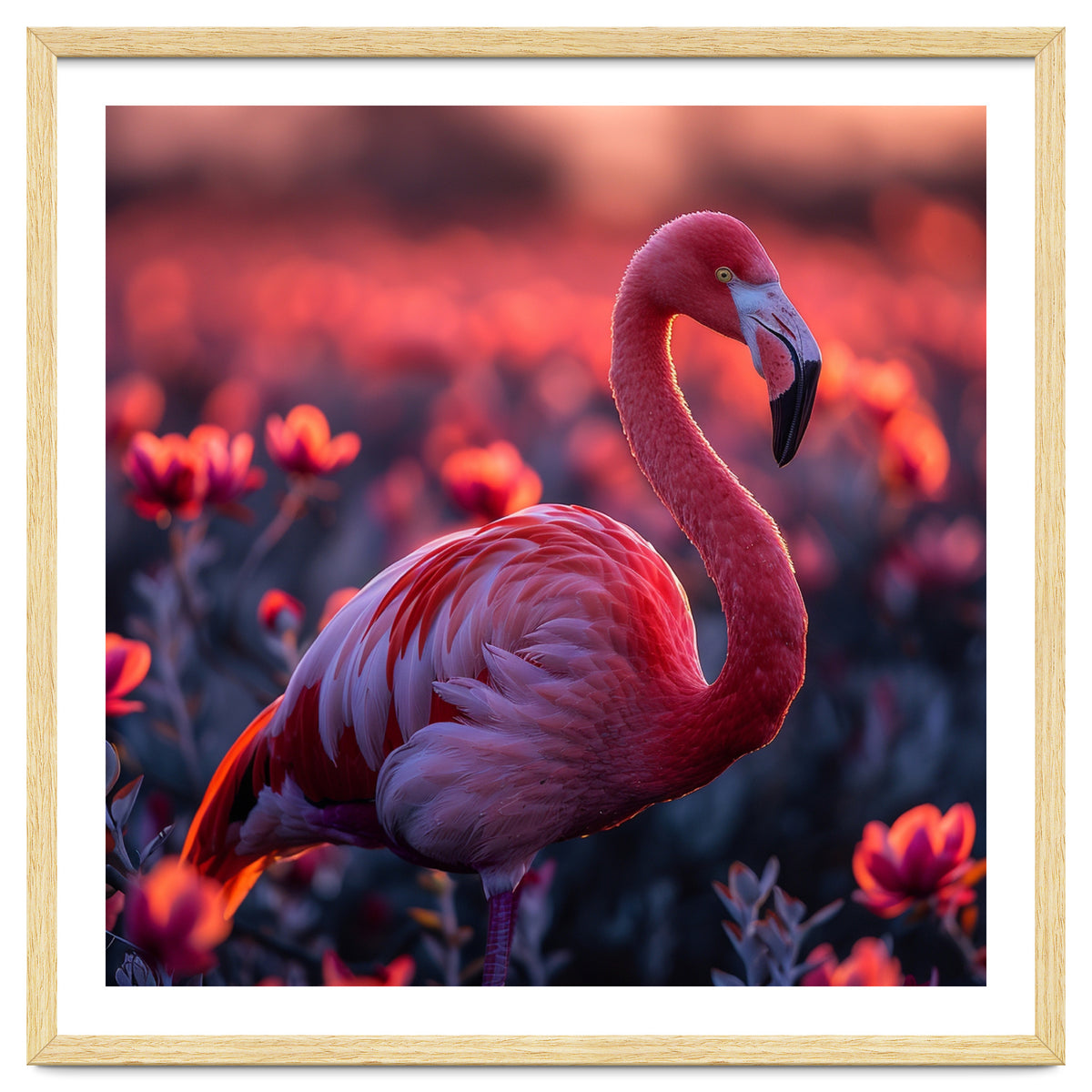 Pink Flamingo Bird Standing Among Flowers At Sunset