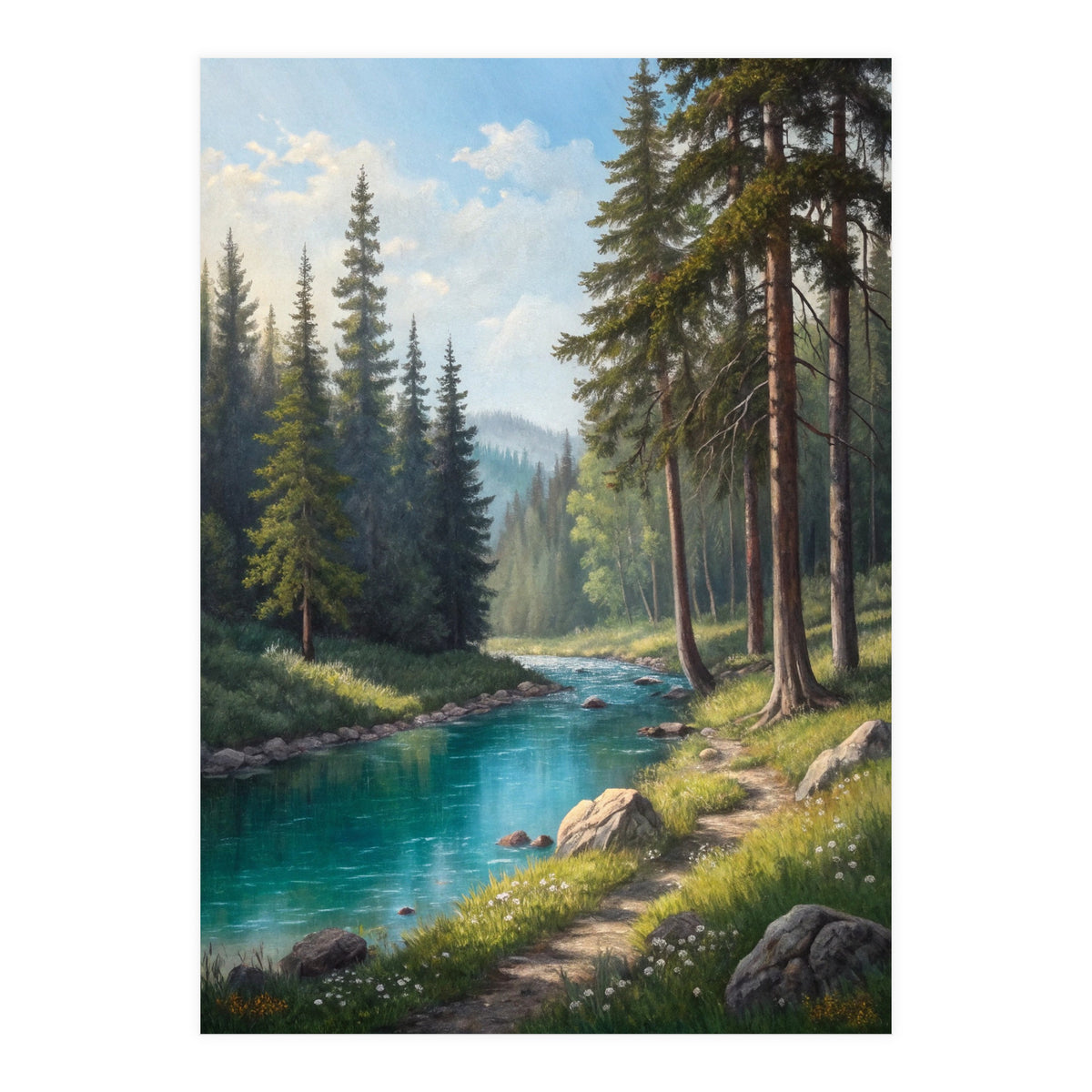 Serene Alpine Forest River Landscape (Print Only)