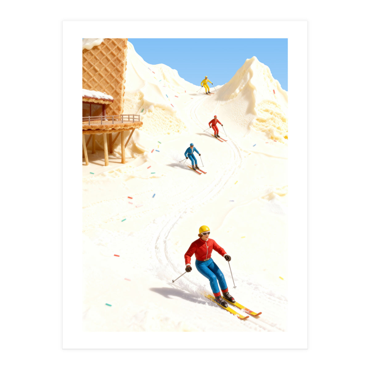 Skiing on Ice Cream Mountains, Miniature Skiers Winter Art Print for Kitchen Decor (Print Only)