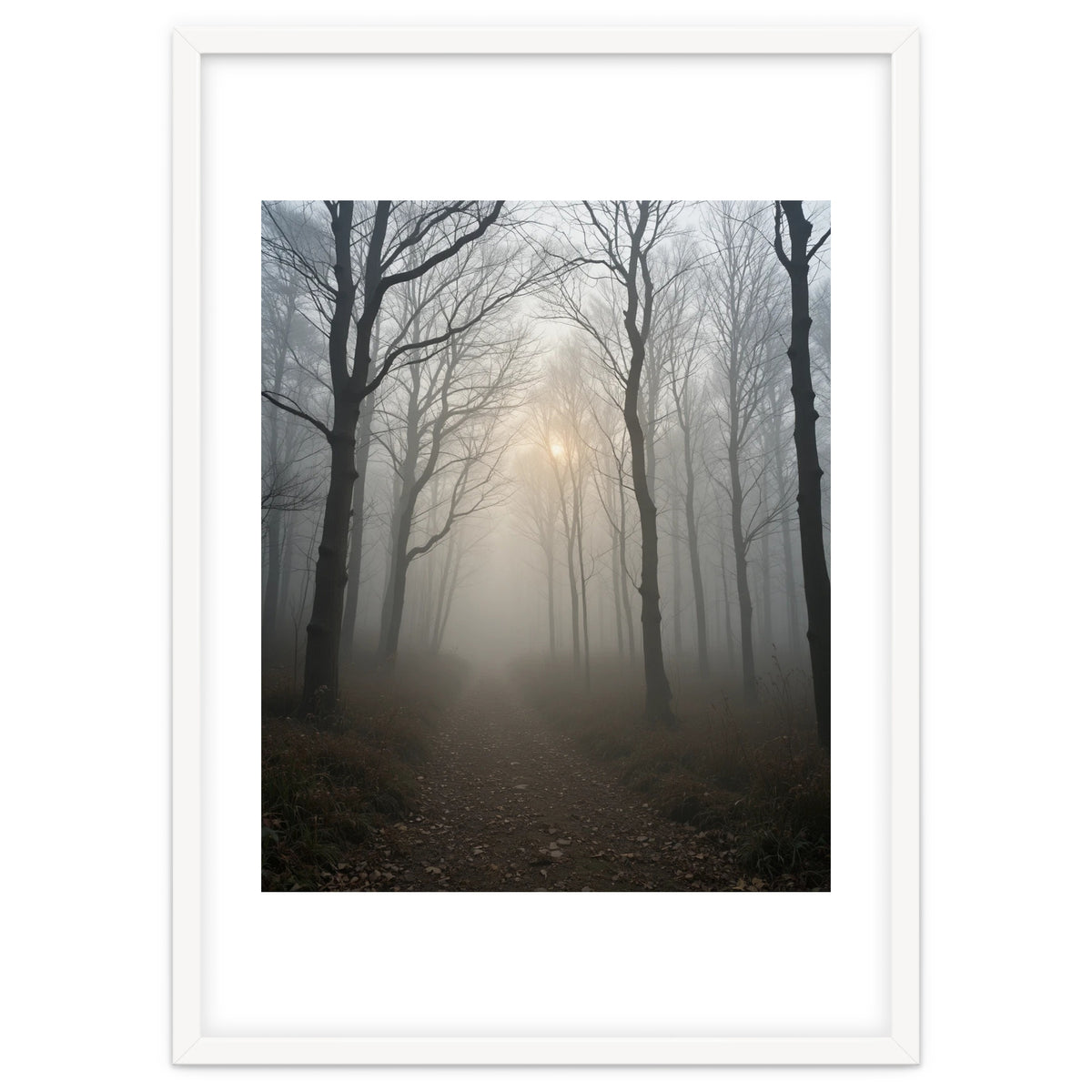 Ethereal Morning Light Breaking Through Dense Forest Fog