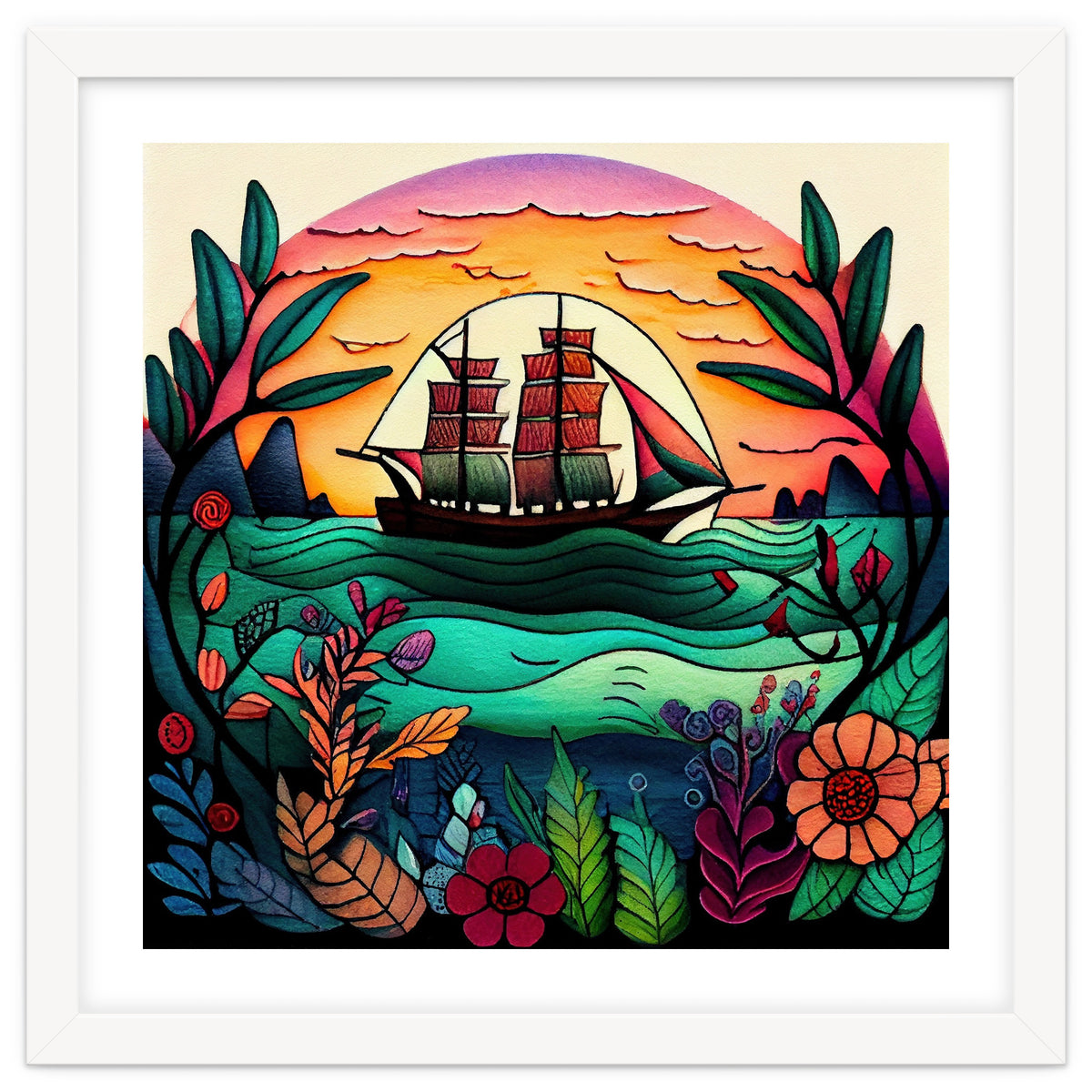 Folk Sunset Sailing Ship