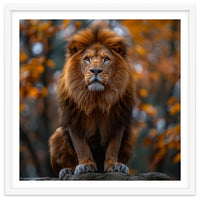 Majestic Lion Sitting On A Rock In Autumn Forest