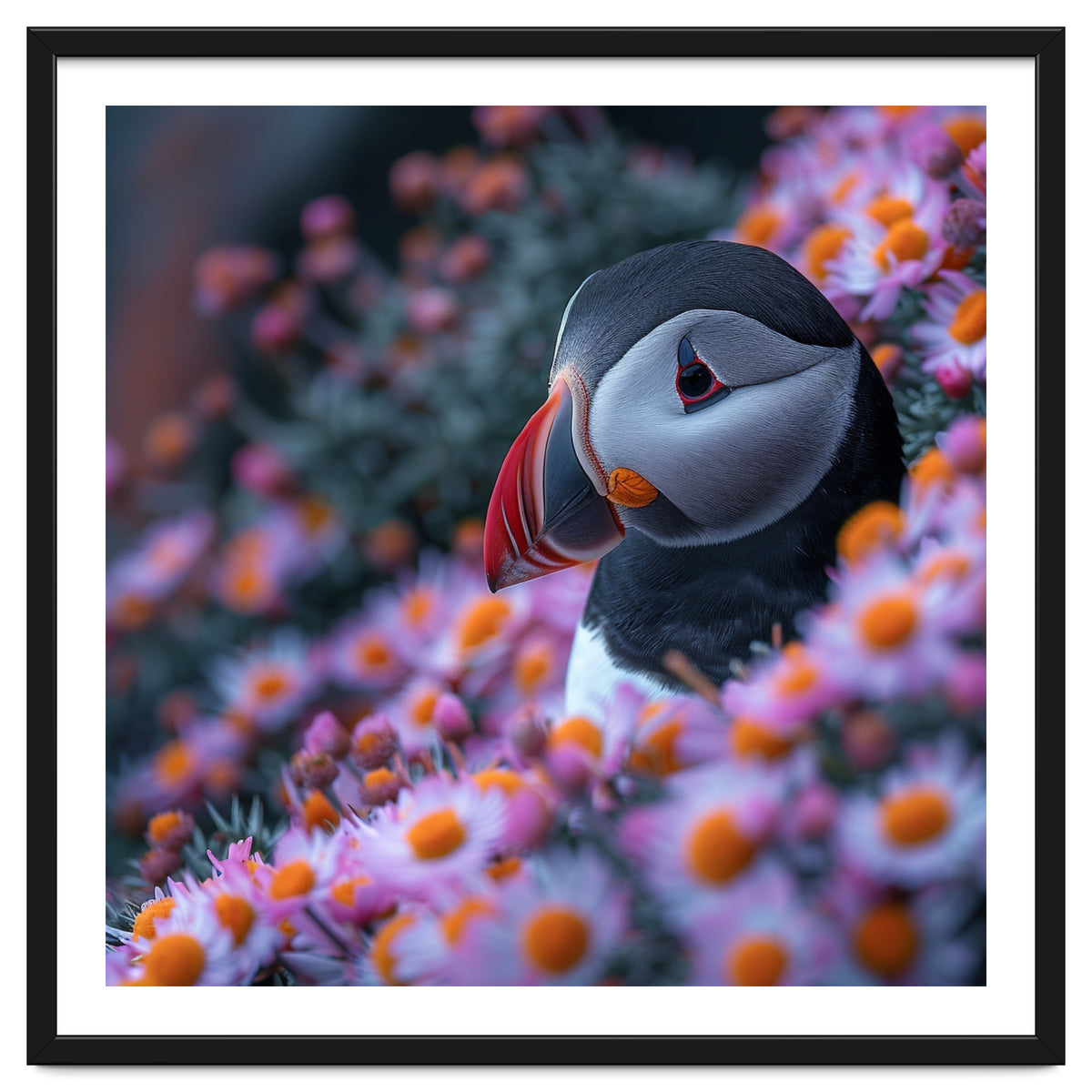 Puffin Bird Among Pink Flowers