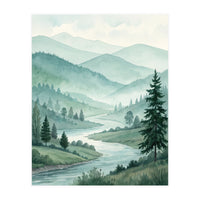 Serene Misty Mountain Valley Watercolor Painting (Print Only)