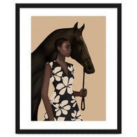 Woman In Bold Print With Black Horse