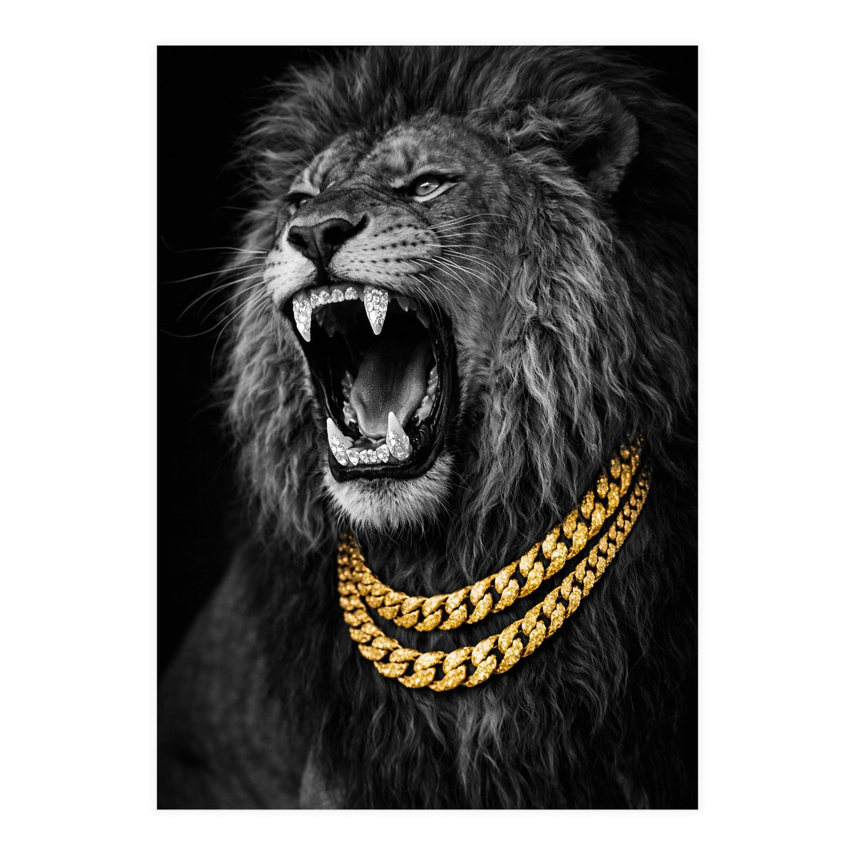 Bejweled hyper-realistic lion photography,diamond fangs portrait (Print Only)