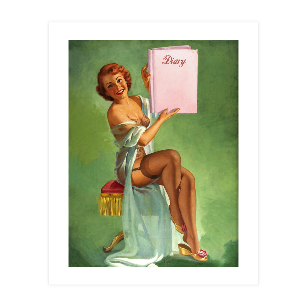 Pinup Girl Posing With Her Big Diary Book (Print Only)