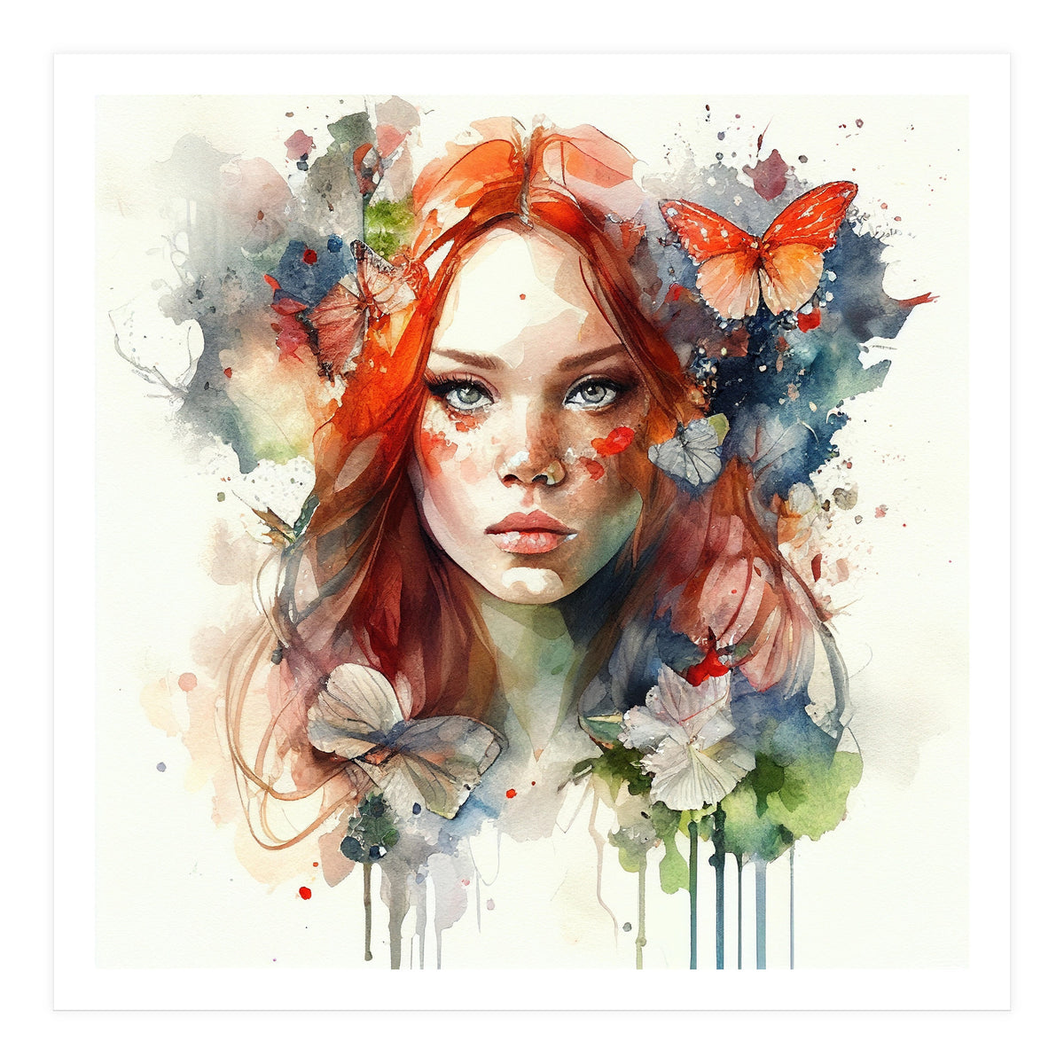 Watercolor Floral Red Hair Woman #7 (Print Only)