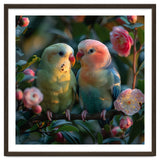 Two Lovebirds Perched On A Branch Near Flowers thumbnail