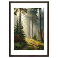 The Golden Path: Ethereal Sunbeams Piercing Through a Misty Evergreen Forest at Dawn