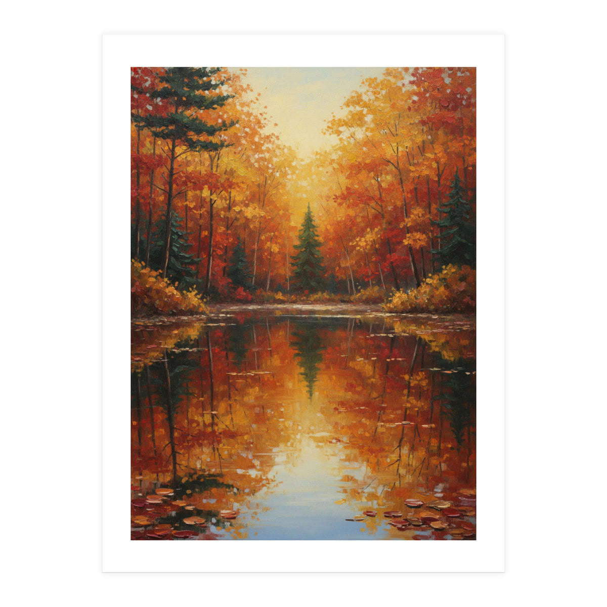 Golden Autumn Reflection: Impasto Forest Landscape (Print Only)