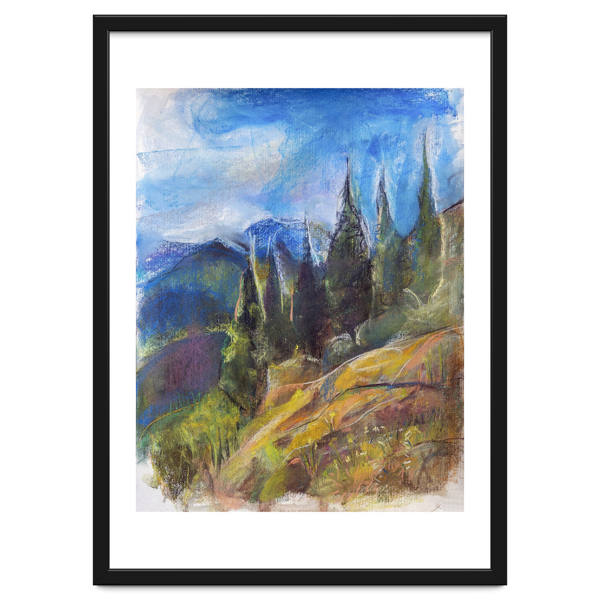 Pastel drawing of an Alpine Pine Forest