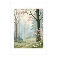 Enchanted Spring Woodland Path with Blooming Cherry Blossoms and Misty Pastel Forest Atmosphere (Print Only)