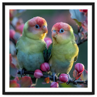 Two Lovebirds On A Branch Surrounded By Berries