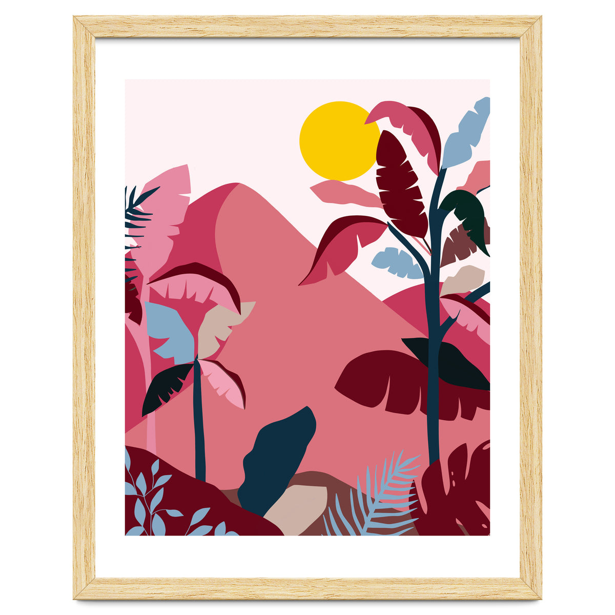 Tropical Sundowner, Pastel Jungle Botanical Nature, Summer Plants Palms Sunset, Mountain Landscape Travel Adventure