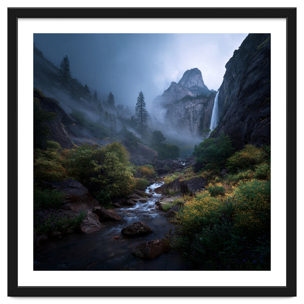 Majestic Misty Mountain Valley with Cascading Waterfall