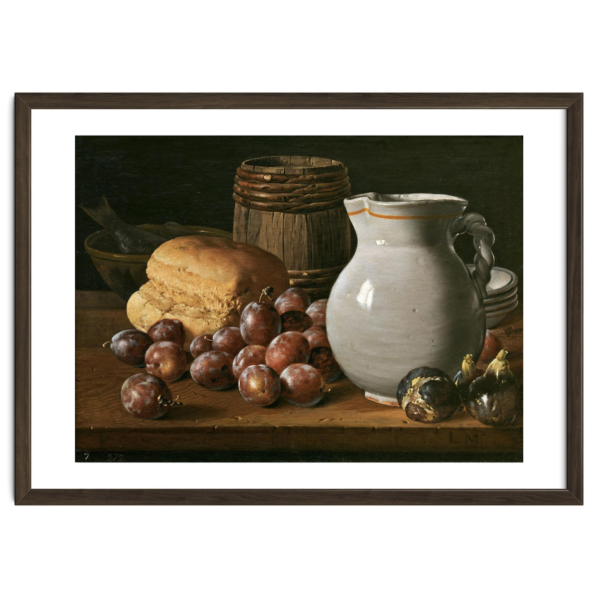 Luis Egidio Meléndez / 'Still Life with Plums, Figs, Bread and Fish', 18th century, Spanish School.