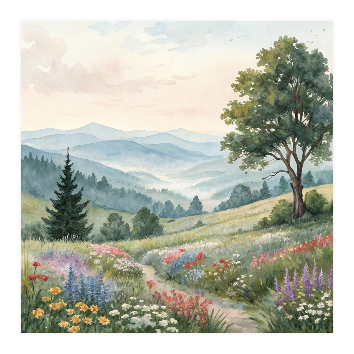 Serene Mountain Meadow Watercolor Landscape (Print Only)
