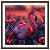 Pink Flamingo Bird Standing Among Flowers At Sunset thumbnail