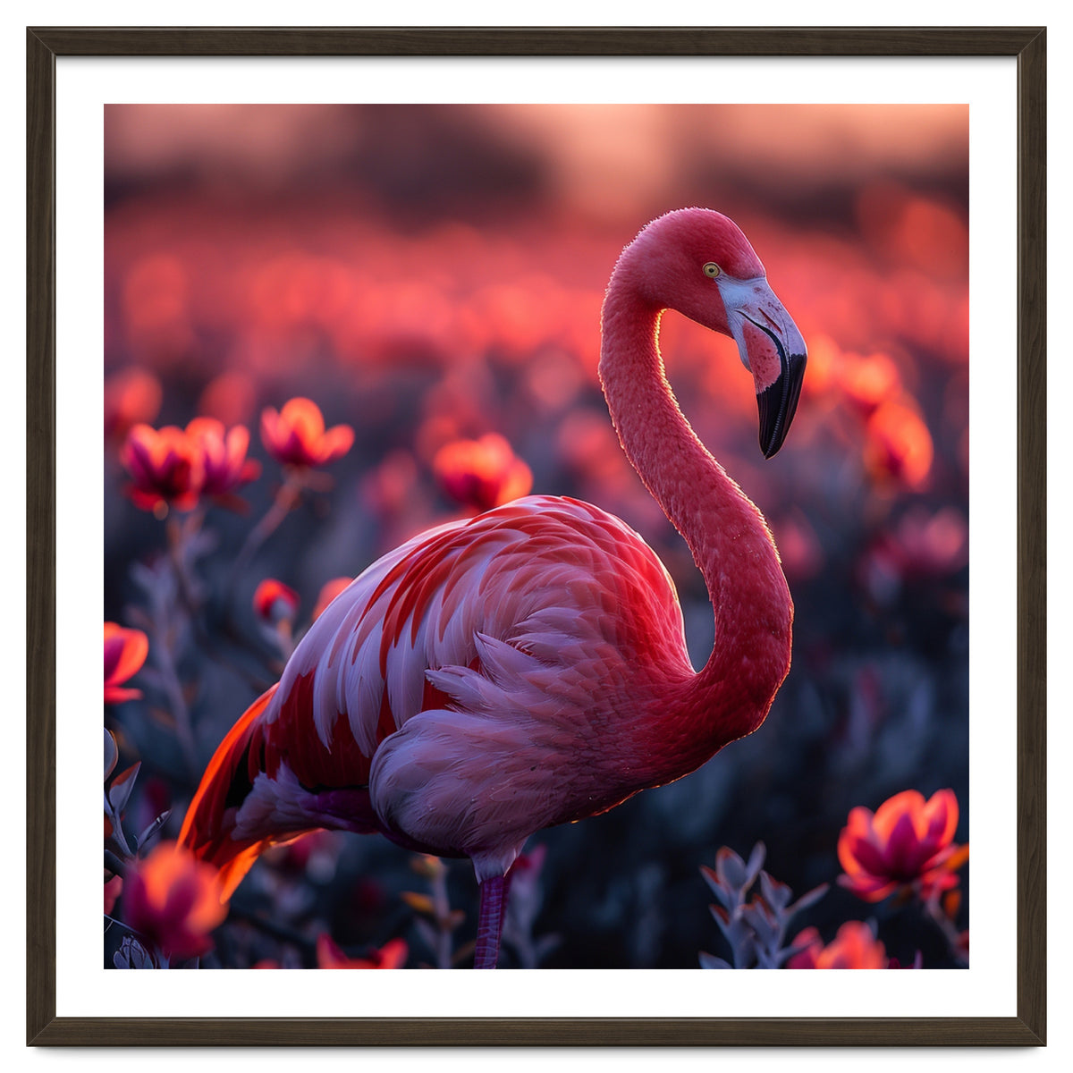 Pink Flamingo Bird Standing Among Flowers At Sunset